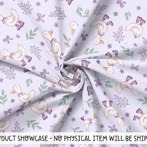 a repeating pattern of ducks wearing bow ties and surrounded by purple flowers and green leaves.
