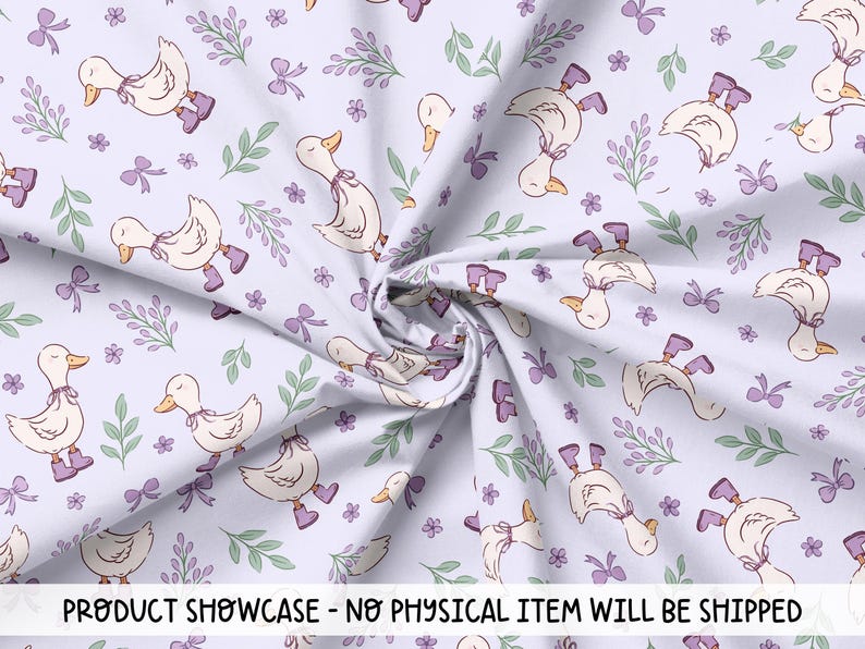 a repeating pattern of ducks wearing bow ties and surrounded by purple flowers and green leaves.