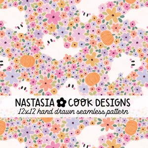May include: A seamless pattern featuring white ghost figures, orange pumpkins, and colorful flowers in pink, purple, and yellow. The text "NASTASIA COOK DESIGNS" and "12x12 hand drawn seamless pattern" are also visible.