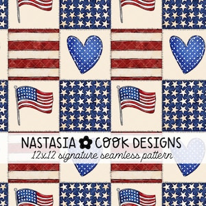 Peut inclure: Motif sans couture patriotique avec des drapeaux américains, des champs bleus étoilés et des cœurs bleus. Le motif comprend le texte "NASTASIA COOK DESIGNS 12x12 signature seamless pattern."