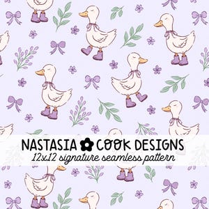 Coquette goose spring seamless file, purple silly goose seamless pattern, bows and flowers goose on the loose seamless file commercial use