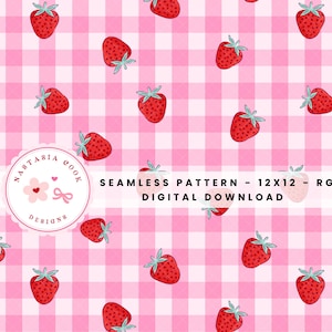 cottage core strawberry gingham seamless pattern, summer strawberry seamless file, pink gingham seamless file for fabric, commercial use