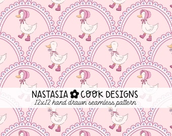 Silly goose spring seamless file, pink coquette bonnet goose seamless pattern, cute cottage core goose digital download for commercial use