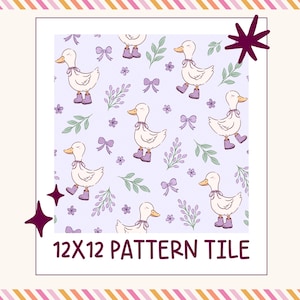 The image is a pattern tile featuring a repeating design of white ducks with purple bows and leaves. The pattern is displayed in a square format, and the text "12x12 PATTERN TILE" is visible, indicating the size and type of the pattern tile.