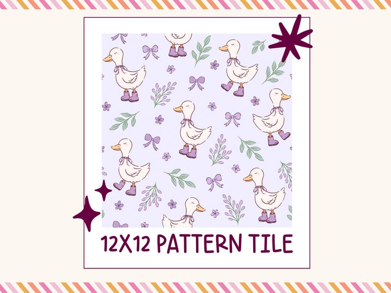 The image is a pattern tile featuring a repeating design of white ducks with purple bows and leaves. The pattern is displayed in a square format, and the text "12x12 PATTERN TILE" is visible, indicating the size and type of the pattern tile.