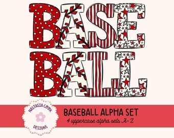 Conjunto de letras de béisbol, alfabeto de juego de pelota png, letras deportivas png, rayas, puntadas, puntos y estrellas
