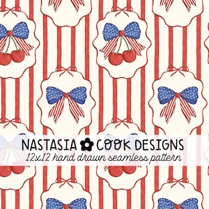 May include: A seamless pattern featuring a repeating design of red and white striped backgrounds with scalloped frames. Each frame contains a blue bow with white polka dots and red striped ribbons, along with two red cherries. The text "NASTASIA COOK DESIGNS" and "12x12 hand drawn seamless pattern" is also present.
