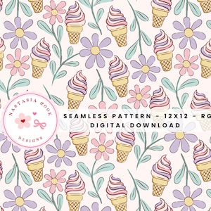 Pastel ice cream and daisies seamless repeating pattern, cute summer seamless pattern file, instant digital download for commercial use