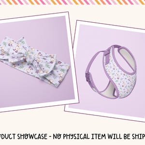 The image showcases a headband and a harness, both featuring a floral pattern in shades of purple and white.