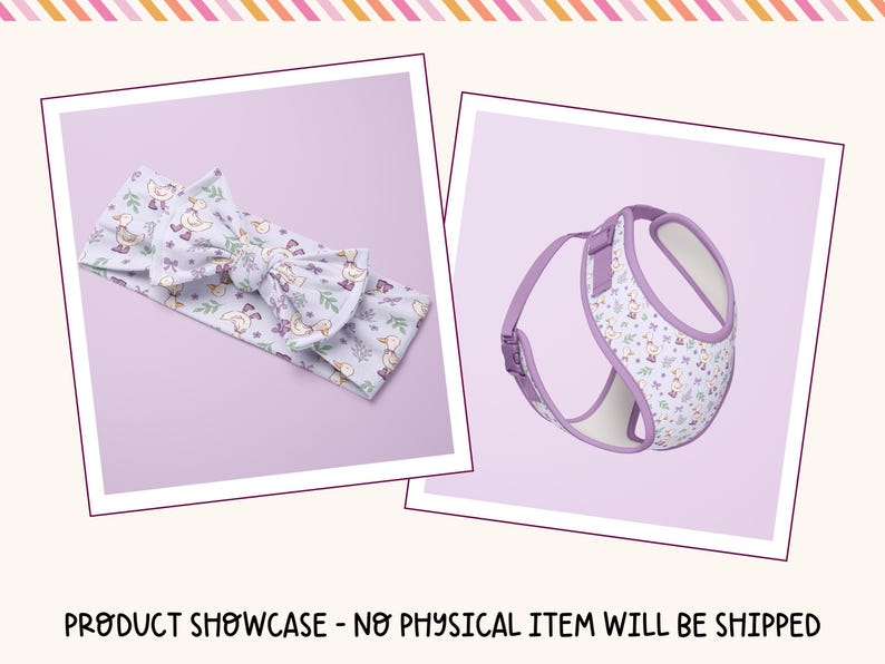 The image showcases a headband and a harness, both featuring a floral pattern in shades of purple and white.