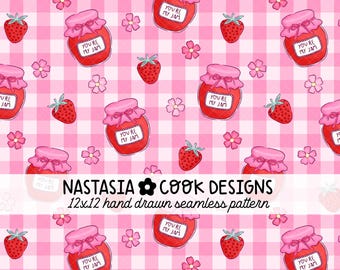 Cottage Kern Erdbeermarmelade nahtlose Muster, du bist meine Marmelade nahtlose Datei, rosa Gingham nahtlose Datei für Stoff, kommerzielle Nutzung