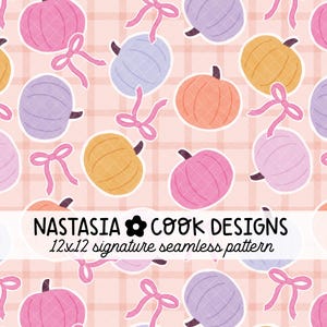 Coquette pastel pumpkins seamless file, girly pastel fall seamless repeating pattern, bows and pumpkins on plaid seamless digital paper