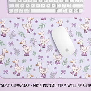 a mouse pad with a pattern of ducks wearing purple bows, a keyboard, and a pen on a pink background.