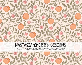 Peach trailing floral seamless repeating pattern, peaches seamless file, green orange floral instant digital download for commercial use
