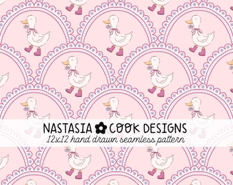 Silly goose spring seamless file, pink coquette goose seamless pattern, cute cottage core goose digital download for commercial use