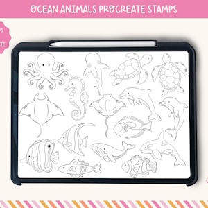 May include: A digital art set displayed on a tablet, featuring 16 ocean animal stamps for Procreate. The black and white illustrations include an octopus, shark, seahorse, turtle, dolphin, and various fish. The tablet has a stylus.