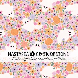 Fantômes d'Halloween ditsy floral sans couture répétitif, fichier de modèle sans couture halloween pastel girly, fleurs et citrouilles ditsy