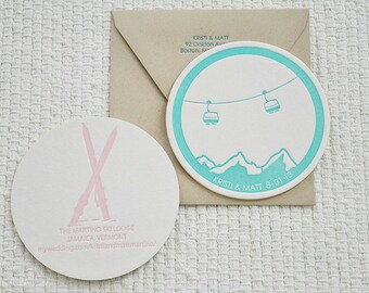 Letterpress Coaster Save the Date: Ski Couple