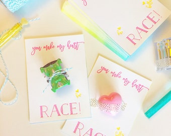 Neon letterpress race car Valentine's Day cards, pack of 10 cards & cars