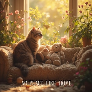 May include: A tabby cat sits on a plush couch with a teddy bear and other stuffed animals. The cat is looking out a window with a warm, sunny glow. The text "NO PLACE LIKE HOME" is printed on the couch.