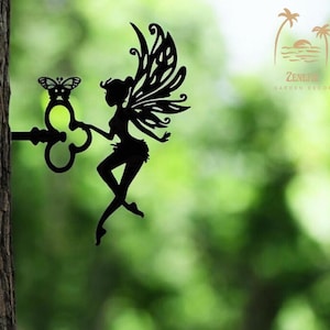 Metal Fairy Garden Key, Fairy Garden Decor, Metal Tree Stake, Tree Decoration, Metal Yard Art,  Silhouette Art, Garden Accessory