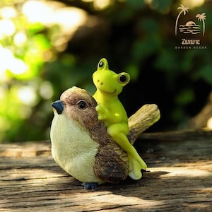 Frog Riding Bird Figurine, Miniature Frog Figurine, Resin Frog Sculpture, Whimsical Garden Decor, Frog Ornament, Yard Art, Cute Gift