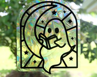 Ghost Reading on the Moon Rainbow Suncatcher | Bookish Window Cling | Reusable Rainbow Maker | Handmade in Hawaii Gift for Book Lovers