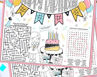 Birthday Activity Placemat Printable (Child With Long Hair And Dress) | Kids Activities | Birthday