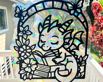 Cottagecore Dragon Rainbow Suncatcher | Fantasy Romantasy Window Cling | Bookish Decor Gift for Readers & Book Lovers