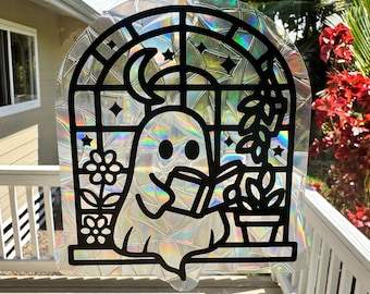 Ghost Reading with Plants Rainbow Suncatcher | Cozy Bookish Window Cling | Reusable Rainbow Maker | Handmade in Hawaii Gift for Book Lovers