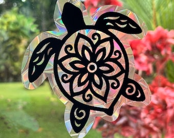 Sea Turtle Mandala Rainbow Suncatcher | Ocean Window Cling | Hawaiian Decor Gift | Coastal Boho Rainbow Maker | Handmade in Hawai‘i