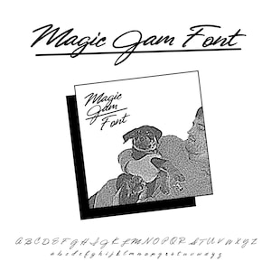 May include: Black and white image of a handwritten font called "Magic Gam Font". The font is shown in both uppercase and lowercase letters.