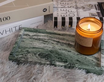 Bandeja rectangular de mármol verde niebla, bandeja para tocador, baño, perfumes y velas, bandeja moderna para todo, organizador de piedra natural, decoración del hogar