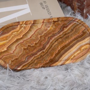 Golden Sands Onyx Marble Ellipse/Round Tray, Vanity/Bathroom/Perfume/Candle Tray, Modern Catch All Tray, Natural Stone Organizer, Home Decor