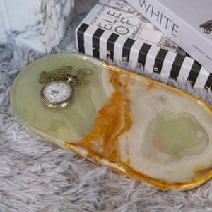 Sea Jade Marble Ellipse Tray, Vanity/Bathroom/Perfume/Candle Tray, Modern Catch All Tray, Natural Stone Organizer, Home Decor