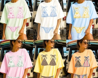Comfort Colors Summer Bikini Shirt, Trendy Lake Girl Tee, Preppy Swimsuit Graphic Shirt, Leopard Patchwork Summer Retro Beach Vacation Shirt