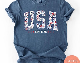 USA Shirt, Comfort Colors® Floral America Shirt, Fourth of July Shirt, 4th of July Tee, Patriotic Women Shirt, USA Est 1776 Shirt