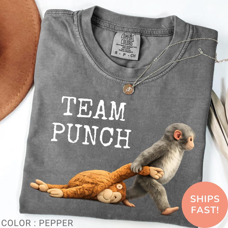 May include: Pepper-colored t-shirt with the text "TEAM PUNCH" in white. A cartoon monkey figure is pulling another monkey figure. A silver necklace is draped on the shirt. The shirt is folded.