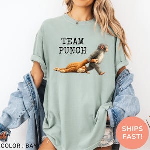 May include: A light green t-shirt with the text "TEAM PUNCH" in black. The graphic shows a gray monkey dragging a brown monkey. The shirt is a relaxed fit.