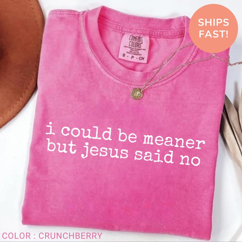 May include: A pink t-shirt with the text "i could be meaner but jesus said no" in white. The shirt has a crew neck and a small tag at the top. A gold necklace with a pendant is on top of the shirt.