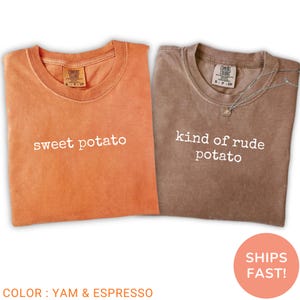 May include: Two Comfort Colors t-shirts, one yam-colored and one espresso-colored. The yam-colored shirt has the words "sweet potato" printed on it. The espresso-colored shirt has the words "kind of rude potato" printed on it. Both shirts have a crew neck.