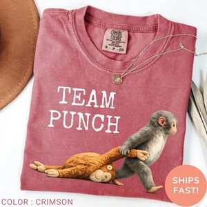 May include: Crimson-colored t-shirt with the text "TEAM PUNCH" in white. A cartoon monkey is pulling another monkey. The shirt has a crew neck and a small tag. The color is crimson.