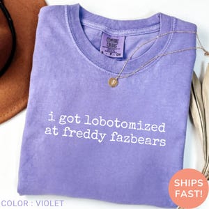 May include: A violet Comfort Colors t-shirt with the text "i got lobotomized at freddy fazbears" in white. A gold necklace with a pendant is draped across the shirt. The shirt is folded neatly.