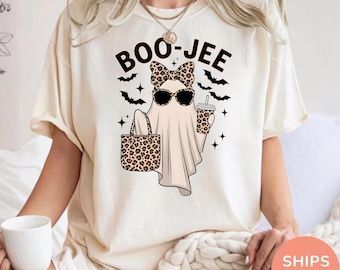 Boo-Jee Ghost Shirt, Comfort Colors® Leopard Coffee Ghost Tee, Cute Girly Halloween Shirt, Funny Spooky Season Gift