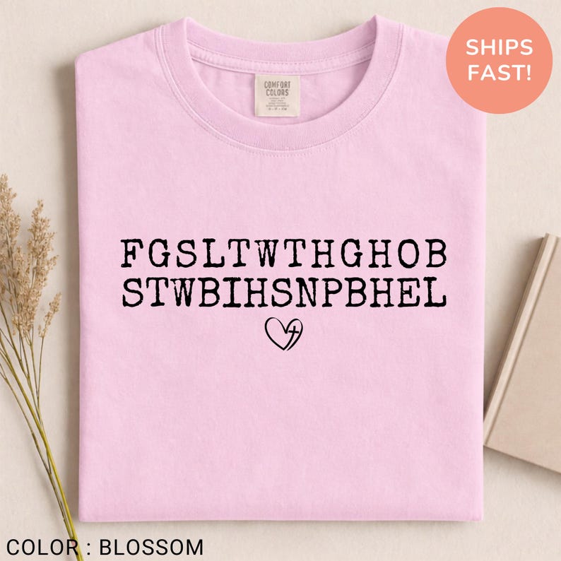 Pu&ograve; includere: Una maglietta rosa chiaro con testo nero e un simbolo a forma di cuore. Il testo &egrave; disposto su due righe di lettere maiuscole. La maglietta ha uno scollo tondo e un'etichetta "Comfort Colors". Il colore della maglietta &egrave; "Blossom".