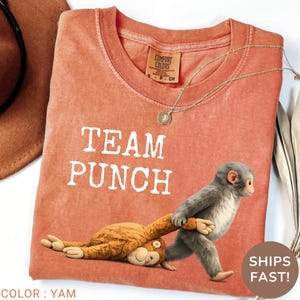 May include: A yam-colored Comfort Colors t-shirt with the text "TEAM PUNCH" in white. The shirt features a cartoon monkey pulling another monkey. A gold necklace is draped on the shirt.