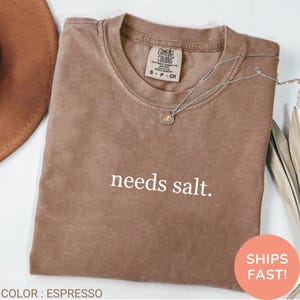 May include: Espresso-colored t-shirt with the text "needs salt." The shirt has a crew neck and short sleeves. A silver necklace with a pendant is draped over the shirt. The shirt is labeled "Comfort Colors."