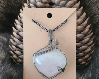 Rose Quartz Palmstone Wire Wrapped Pendant Necklace