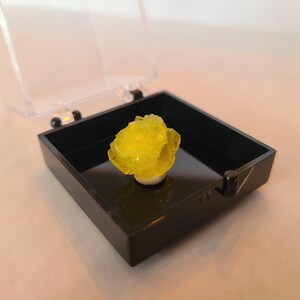 May include: A bright yellow sulfur crystal specimen displayed in a black plastic case with a clear lid. The crystal has a rough, textured surface and sits on a small white base. The case is open, revealing the mineral.
