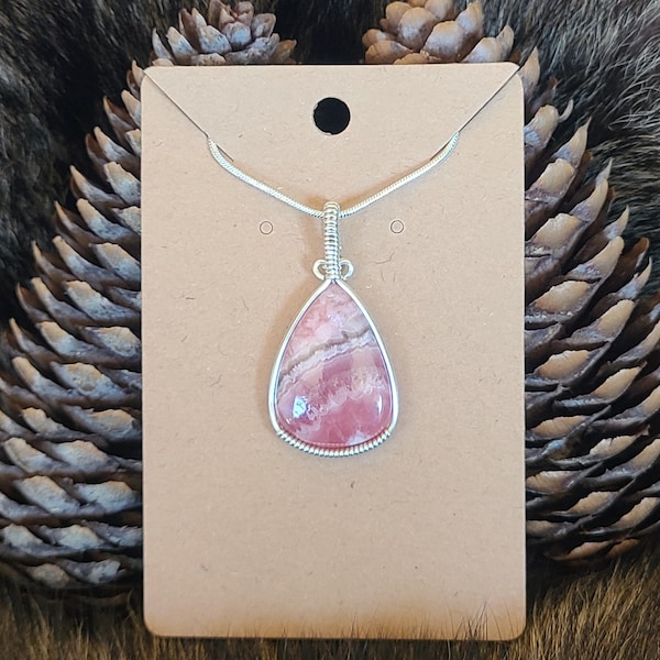 Rhodochrosite Wire Wrapped Pendant Necklace